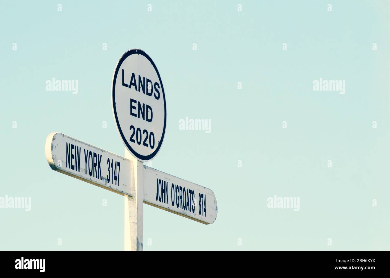Signpost at Land`s End Cornwall UK. Land's End to John o' Groats is the traversal of the whole length of the Great Britain between two extremities (so Stock Photo